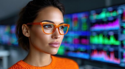 Female professional analyzing financial charts on holographic dashboard with cyan-orange palette