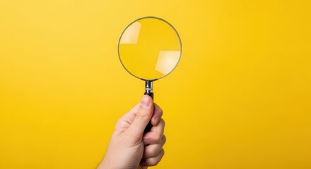 Hand Holding Magnifying Glass Against Yellow Background, Search, Discover, Explore