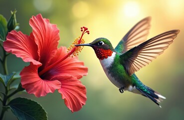 Fototapeta premium Small hummingbird hovers near a large red hibiscus flower. Tiny bird feeds on nectar from the vibrant bloom. Its wings flutter fast in sunlit garden habitat.