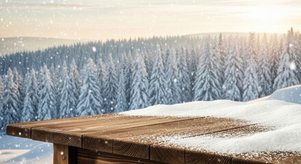 Snowy Wooden Table with Forest Background, Winter, Trees, Pine trees