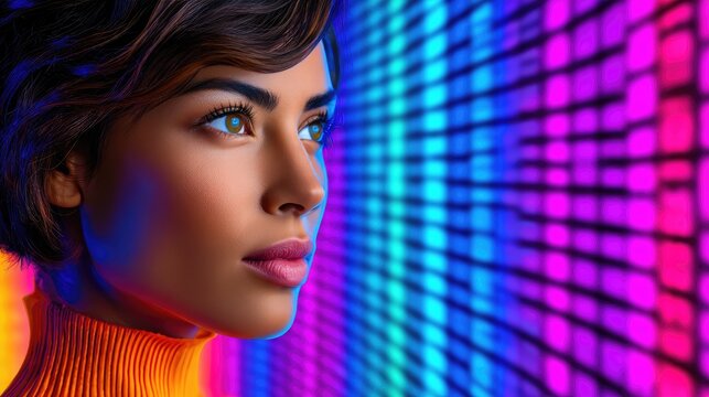 Female tech professional standing in front of glowing encrypted data wall with intense neon colors