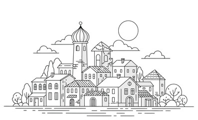 Fototapeta premium Townscape Line Art Illustration with Buildings and Sky
