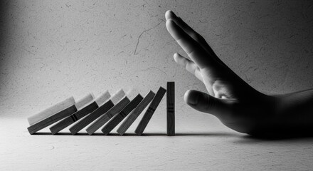 Domino effect halted by a hand, Chain reaction, Stop, Control