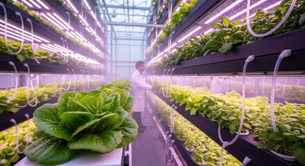Vertical Farm with Racks of Lush Green Plants Under Purple LED Lights, Vertical farming, Hydroponics, Agriculture
