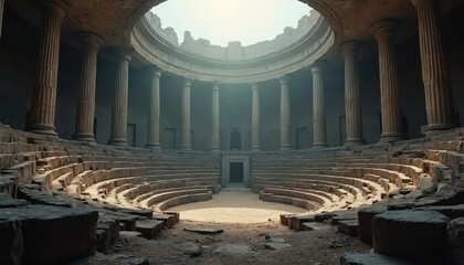 Obraz premium Ancient Roman structure photo inside. Circular architecture with columns and stone seats. Sun light shines through the opening. Historical ruins in an old city.