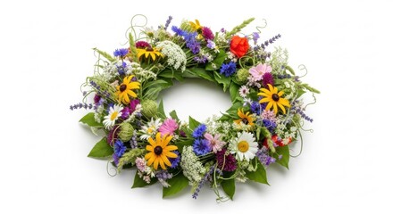 Colorful Summer Meadow Flower Wreath on White Background, Flowers, Floral, Nature