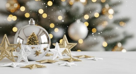 Glittering Christmas Decorations with Festive Bokeh Lights, Ornament, Star, Gold
