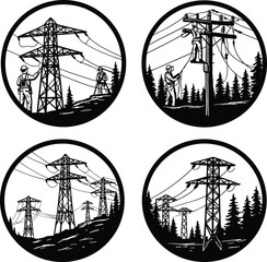 Utility workers silhouettes in forested areas, transmission towers, power line maintenance, electrical infrastructure inspection, black and white cad vector illustration