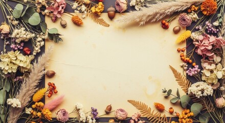 Dried Flowers and Autumnal Elements Border on Vintage Paper, Fall, Floral, Wreath