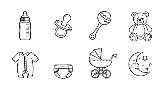 Adorable baby essentials in outline style: bottle, pacifier, rattle, teddy, onesie, diaper, stroller, moon