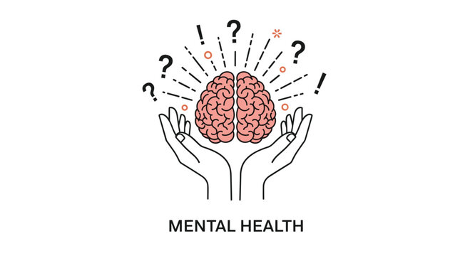 A conceptual illustration representing mental health, featuring cupped hands holding a brain with radiating question marks and exclamation points, symbolizing inquiry and awareness.