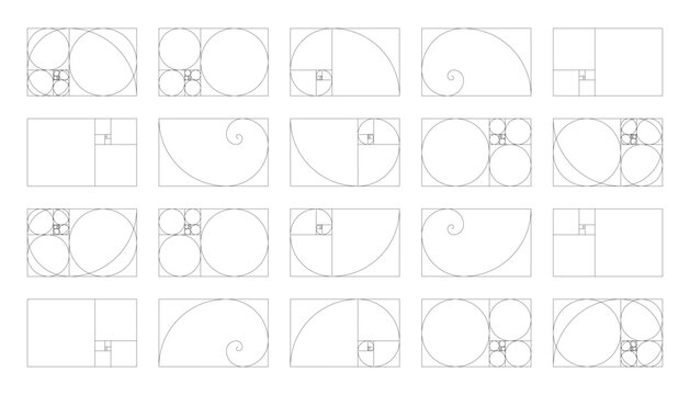 Collection of horizontal golden ratio harmony proportions templates. Fibonacci numbers template, array set.