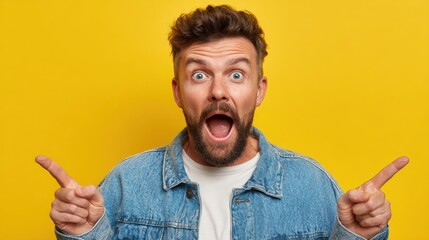 Portrait of astonished cheerful person open mouth indicate fingers up empty space isolated on yellow color background