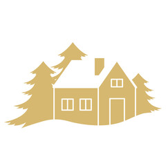 golden christmas countryside scene with snow covered house sourrounded by spruce trees, perfect for holiday decor and seasonal designs- vector illustration