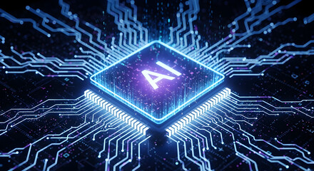 Glowing AI Processor on High-Tech Motherboard