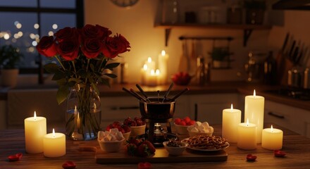 Romantic fondue night with red roses candles and sweet treats at home