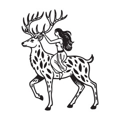 Mystical Woman Riding Majestic Stag Deer in Vintage Style.