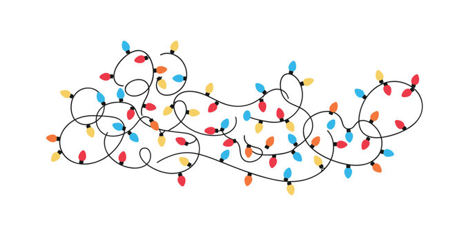 A tangled string of colorful Christmas lights sprawls across a white background, evoking festive cheer and the playful chaos of holiday decorating.
