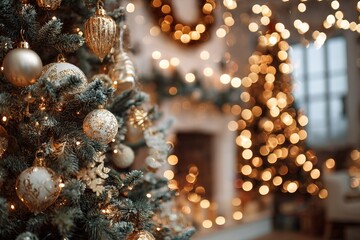 Elegant Christmas Tree with Golden Ornaments and Bokeh Lights