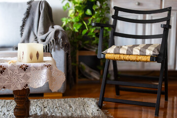 A cosy living space with a rustic look and feel.Natural light, horizontal, real picture. Ideal for home decoration magazines