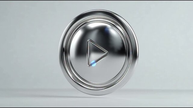 Metallic play button symbol with futuristic design on gray background
