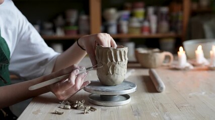 Creative handcraft process - woman artist use tool for shaping and handmade sculpting of clay pottery. Workplace table in workshop with girl potter work with raw material creating handicraft ceramics
