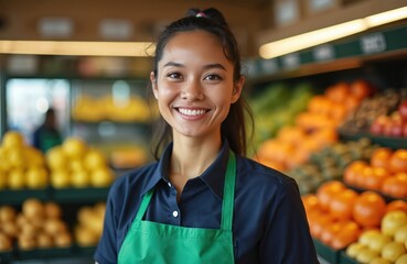 Smiling grocery store employee poses near fresh produce at vibrant market. Woman in apron offers customer service. Healthy eating available at local food shop. Retail worker stands near fruits