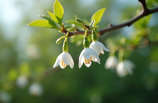 Japanese snowbell tree in full bloom. White flowers hang from brown branch with green leaves. Flowers have yellow stamens. Blurred green background with sunlight.