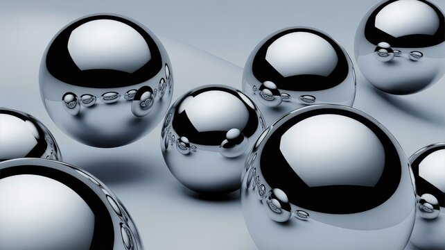 A collection of shiny chrome metal spheres reflecting light on a clean surface. - Powered by Adobe
