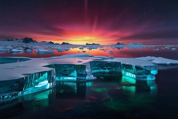 Dramatic sunset sky with vibrant colors over a frozen ocean with icebergs and reflective water