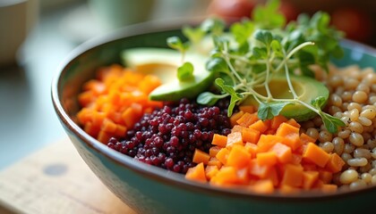 Healthy Buddha bowl with chopped carrots, avocado, beans, microgreens. Colorful vegan dish for balanced plant-based diet. Nutritious meal promotes clean eating, wellness, healthy lifestyle, ideal for