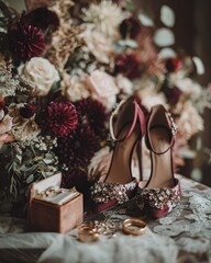 Elegant Bridal Heels and Rings Amidst Romantic Wedding Florals