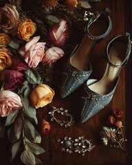 Dreamy Bridal Flat Lay Shoes, Blooms and Sparkling Jewelry