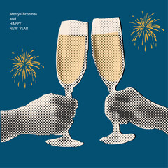 Halftone hands holding champagne glasses,trendy collage element for  greeting card, party invitation card, website banner, social media banner,Merry Christmas and Happy New Year concept