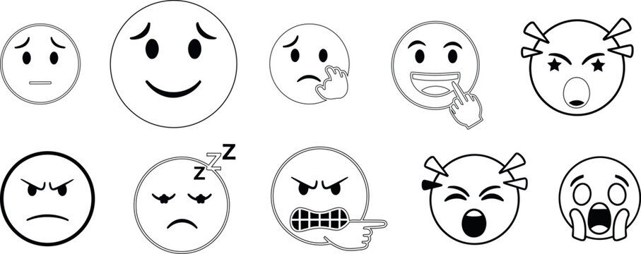 Collection of hand drawn emoji faces expressing various emotions and feelings in black and white