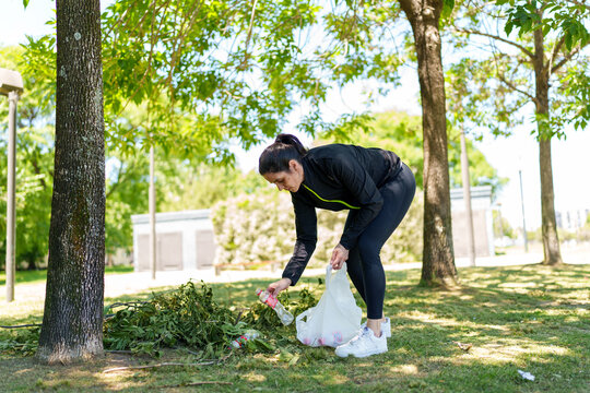 Woman collecting plastic bottles in park cleaning effort
