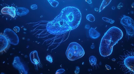 Futuristic holographic germs floating in empty air with a clean minimal medical tech look