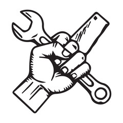 Vintage Hand Holding Crossed Wrench Spanner Mechanic Emblem.