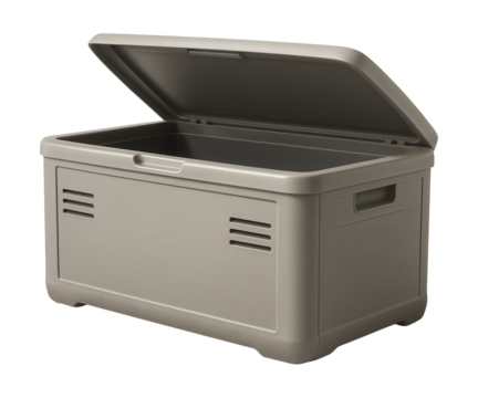 UV-resistant plastic storage box with vents for outdoor pool accessory storage.