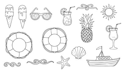 Summer vacation icon collection Hand drawn beach and travel elements for holiday design Vector doodle set