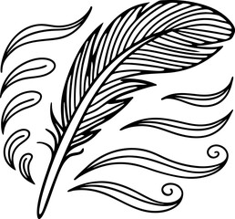 Obraz premium feather with swirling lines, elegant black outline drawing graceful quill, decorative wind and motion art