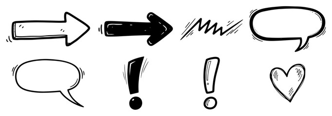 Hand drawn doodle elements vector set Collection of sketch arrows speech bubbles and comic symbols