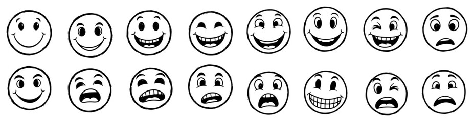 Hand drawn smiley face emoticons set Doodle cartoon emotion icons with various expressions Vector illustration