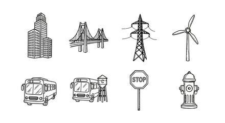Fototapeta premium Urban and infrastructure icons in hand-drawn style for city and transportation design