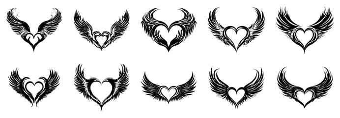 Heart with wings tattoo vector icon set Collection of black tribal love symbols with angel wings