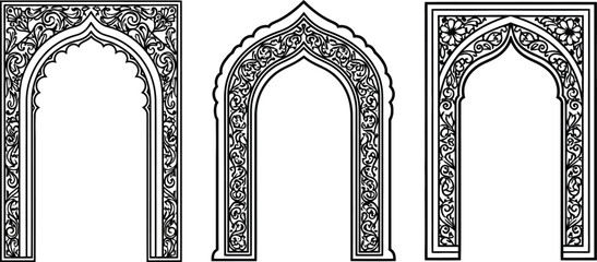 Detailed illustrations of three ornate arched doorways in black and white