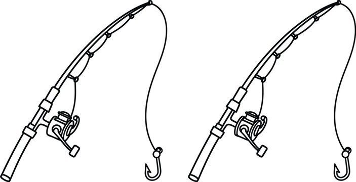 Simple black and white illustration of two fishing rods with lines and hooks