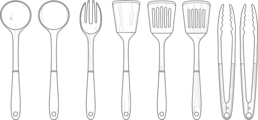 A collection of stainless steel kitchen tools laid out on a white background