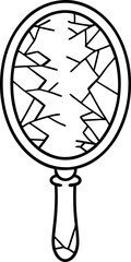 Obraz premium Broken hand mirror illustration cracked antique glass, vintage oval hand held accessory, line art drawing
