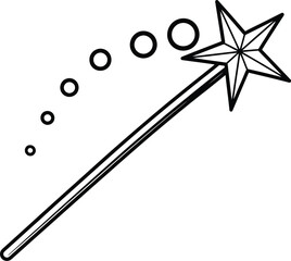 A simple black and white illustration of a magic wand with sparkling trail